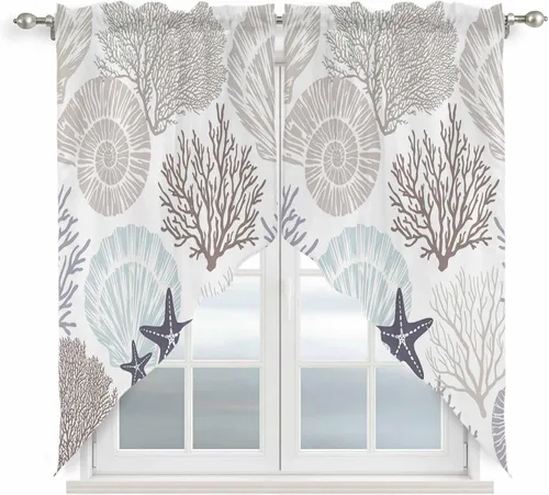Vista 40 de Cenefa de amarre para ventanas, cortinas náuticas costeras de coral, cenefas con bolsillo para barra, cortinas de ventana con temática de playa