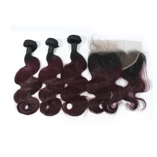 Vista 9 de 1B/27 rubio ombre brasileño virgen paquetes con cierres 4pcs lote cuerpo onda 12 con 10 pulgadas ombre encaje cierre con teje pelo