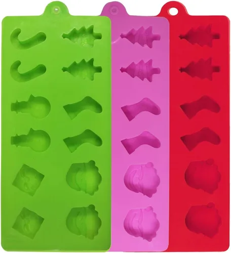 Vista 6 de YuCool Paquete de 3 moldes de silicona de Navidad para chocolate y caramelos, pequeños moldes de silicona para hornear – rojo, verde, rosa