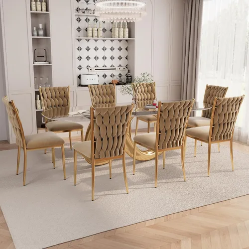 Vista 17 de Juego de 2 sillas de comedor de terciopelo, modernas sillas de cocina tejidas con patas de metal dorado, cojín tapizado con respaldo alto