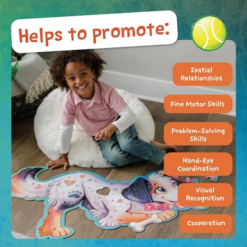 Vista 6 de Peaceable Kingdom Shiny Puppy - Rompecabezas de piso gigante de 43 piezas para niños a partir de 3 años - Piezas de rompecabezas con forma divertida