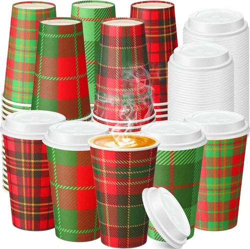 Vista 9 de Hushee 100 Piezas Vasos de Papel a Cuadros Navideños de 8 onzas, Vasos de Café Desechables con Tapas, Vasos Navideños, Suministros de Cafetería
