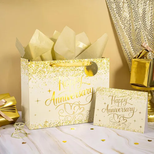 Vista 2 de LeZakaa Bolsa de aniversario de boda de 13 pulgadas con papel de seda, etiqueta y tarjeta de felicitación, bolsa de regalo con purpurina dorada