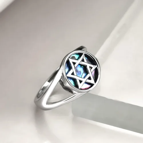 Vista 3 de TIGER RIDER Anillo de plata de ley 925 con estrella de Davids Star of David en concha de abulón