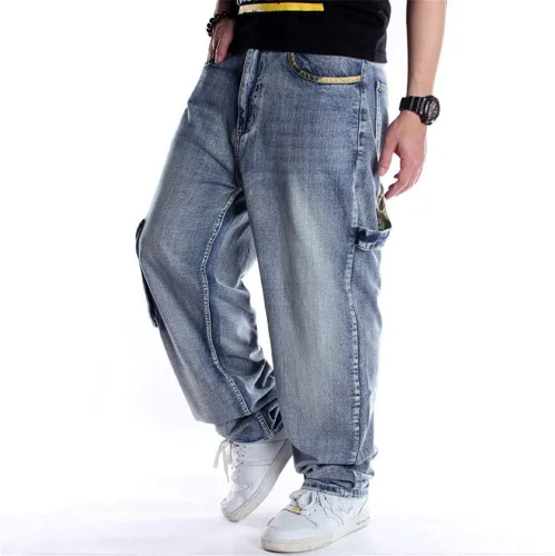 Vista 4 de LUOBANIU Pantalones de mezclilla holgados para hombre, pantalones de hip hop, ajuste holgado, estilo vintage de los años 90, pantalones cargo