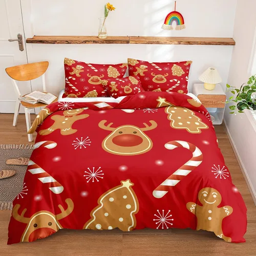 Vista 46 de Juego de ropa de cama de Navidad con funda de edredón de copos de nieve, color blanco y rojo, con estampado navideño, juego de ropa de cama festiva