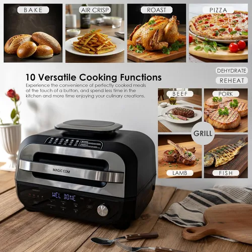 Vista 2 de MAGiC COM Parrilla Eléctrica para Interior y Freidora de Aire Combo, Parrilla Eléctrica 7 en 1 con Función para Bistec, Asar, Freidora de Aire