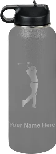Vista 35 de LaserGram Botella de agua personalizada, golfista de golf, acero inoxidable de doble pared aislada al vacío con popote superior, regalo grabado Negro