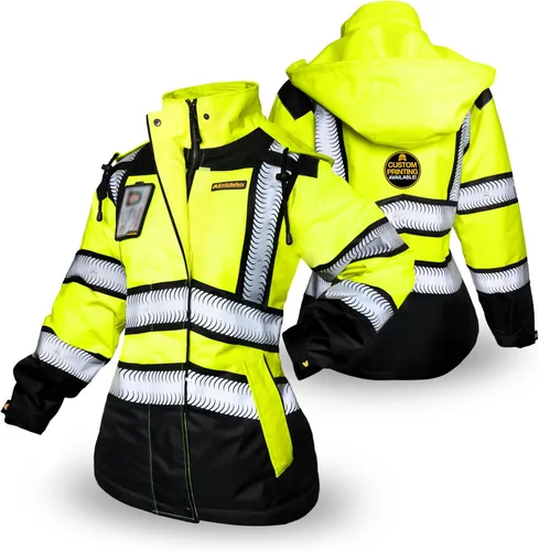 Vista 7 de KwikSafety BOMBTRESS Safety Bomber Jacket for Women ANSI OSHA Hi Vis PPE Negro + ribete naranja Mujer