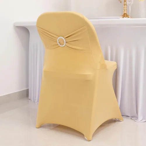 Vista 24 de Efavormart - Funda para silla de banquete de elastano beige con banda de hebilla de diamantes de imitación plateados, funda elástica para silla