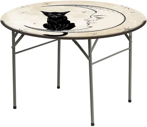 Vista 3 de Mantel redondo, mantel de luna para mesa auxiliar, gato negro sentado en luna creciente blanca, se adapta a mesas redondas de 61 pulgadas