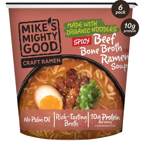 Vista 5 de Taza de ramen de caldo de hueso de cerdo Mike’s Mighty Good (Paquete de 6) – 8g de proteína Fideos ramen instantáneos – Orgánicos al vapor, sin OGM