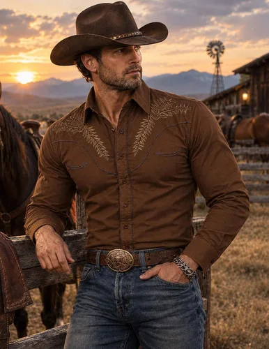 Vista 2 de COOFANDY Camisa occidental para hombre de manga larga con bordados, camisa de vaquero casual con botones café (01-Coffee(Pattern1))