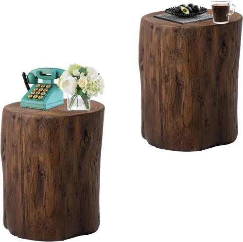 Vista 8 de HOMPUS Mesa auxiliar de hormigón para exteriores, mesa decorativa redonda moderna de tocón de árbol, soporte para maceta, taburete de jardín