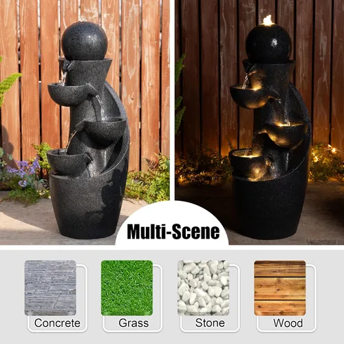 Vista 4 de Glitzhome Fuente de agua para exteriores con luz LED y bomba, moderna fuente de poliresina de 5 niveles y esfera para exteriores, fuente de cascada