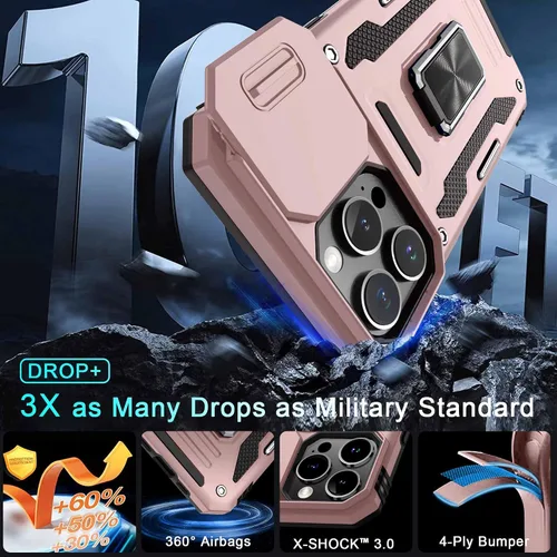 Vista 34 de DEERLAMN Funda para iPhone Xs Max con funda deslizante para cámara + protector de pantalla, soporte giratorio de anillo de grado militar a prueba