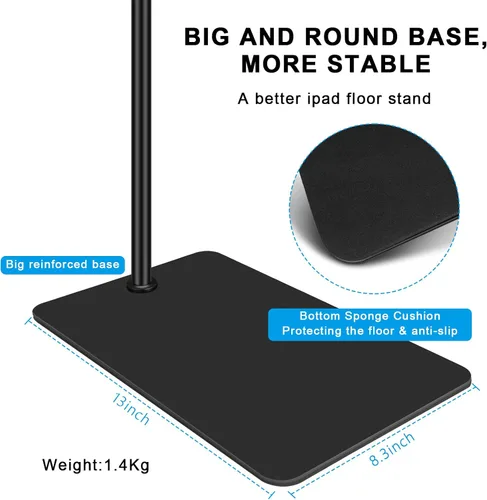 Vista 7 de Soporte de suelo para tableta con base de doble peso, soporte de metal giratorio de 360 grados con soporte flexible de cuello de cisne de brazo