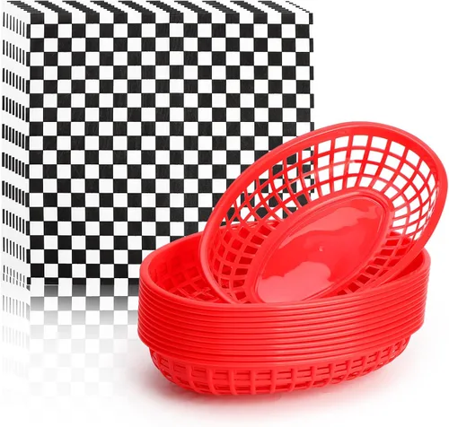 Vista 11 de EUSOAR Cestas de plástico para alimentos con forros de papel, 12 cestas rojas extragrandes de 11.8 x 8.9 pulgadas para servir alimentos y 10 x 11