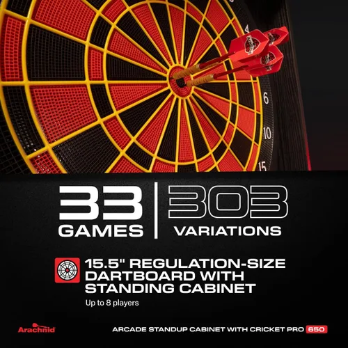 Vista 2 de Diana electrónica Arachnid Cricket Pro 650 de pie con 24 juegos, 132 variaciones y 6 dardos de punta suave incluidos, marrón, E650FS-BK3