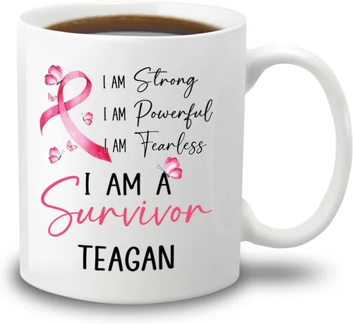 Vista 26 de Taza de café de concientización sobre el cáncer de mama con nombre personalizado, taza de café de 11 onzas, taza de té de cerámica blanca