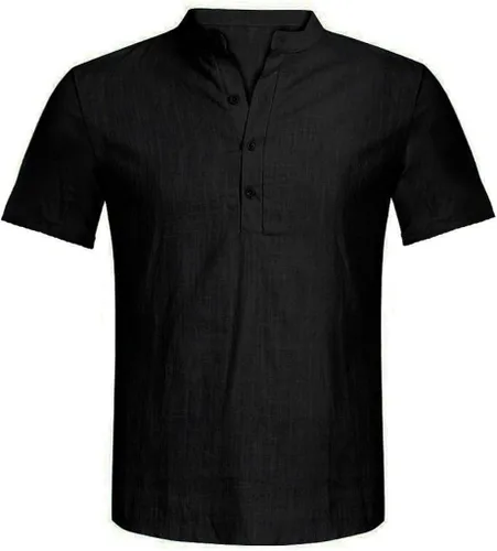 Vista 3 de Camisa Henley de algodón con textura de lino y algodón para hombre, ajustada, de manga corta, atlética, muscular, casual, hippie de playa