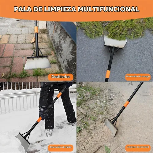 Vista 5 de Pala plana de jardín, herramientas de deshierbe resistentes, raspador de piso de metal de mango largo de 60 pulgadas, pala de limpieza
