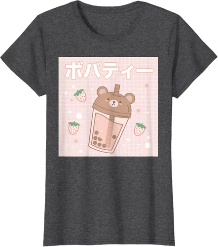 Vista 6 de Camiseta estética Kawaii con diseño de oso lindo y té con leche burbuja, talla S Blanco