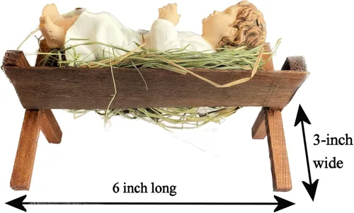 Vista 2 de Figura del Niño Jesús de 5 pulgadas de alto en pesebre de madera acostado sobre heno natural Estatuilla para conjuntos de Belén Regalo sagrado