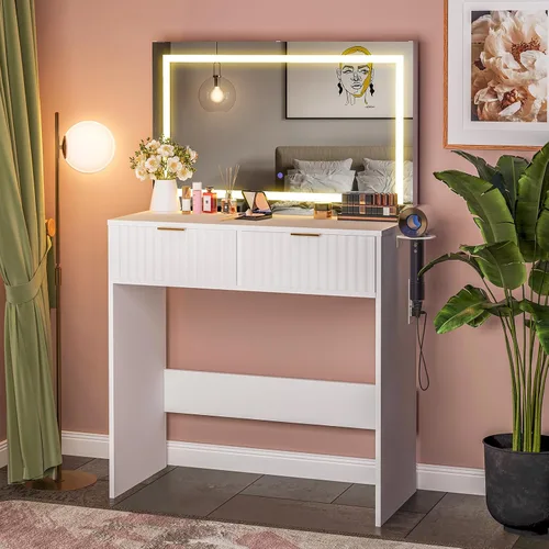 Vista 4 de Escritorio estriado con espejo y luces, tocador de maquillaje con 2 cajones, 3 modos de iluminación de brillo ajustable, tocador para dormitorio