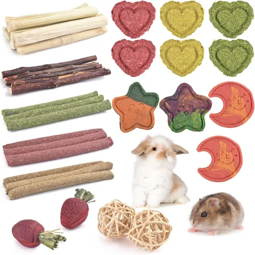 Vista 8 de ERKOON 80 juguetes masticables de conejo para dientes de conejo, juguetes naturales de conejo de madera de manzana, zanahoria, golosinas de hierba