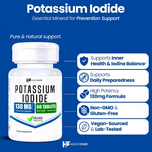 Vista 2 de HealthFare Tabletas de yoduro de potasio 130 mg 120 tabletas de disolución rápida (paquete de 2) Pastillas Ki Larga vida útil Sin OMG