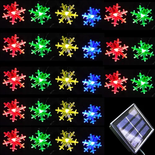 Vista 8 de Luces solares de Navidad para exteriores, impermeables, decoraciones de 20 pies, 30 luces LED de copo de nieve con 8 modos de iluminación