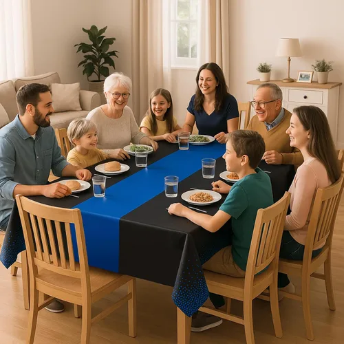 Vista 7 de Manteles de plástico desechables 2 en 1 de 54 x 108 pulgadas, mantel rectangular de cocina con lunares negros y azules, para boda, cumpleaños, baby