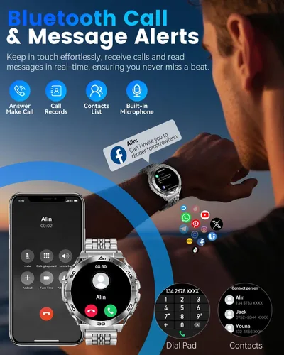 Vista 6 de Relojes inteligentes militares para hombres con llamada Bluetooth, reloj inteligente AMOLED de 1.6 pulgadas impermeable con linterna, 116 modos