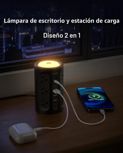 Vista 3 de Torre de tira de alimentación AnnTane con luz nocturna, tira de alimentación con protector de sobretensiones y puertos USB, cable de extensión de 10