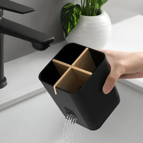 Vista 3 de Soportes para cepillo de dientes con drenaje para baños, soporte para cepillo de dientes de 4 ranuras con divisores de bambú, organizador de cepillo