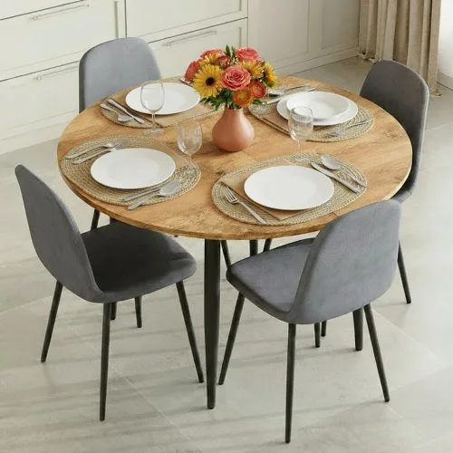 Vista 21 de FURNITO Juego de mesa de comedor de madera para 4, mesa extensible redonda a ovalada de 42 a 54 pulgadas con 4 sillas de tela, juego de comedor 4