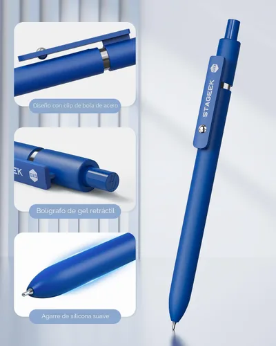 Vista 4 de STAGEEK Bolígrafos de gel azules GX3, 12 bolígrafos de tinta azul de secado rápido con 3 recambios adicionales, bolígrafos retráctiles de punta fina