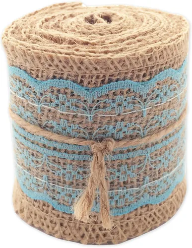 Vista 2 de LWR CRAFTS Cinta de arpillera natural con encaje (azul)