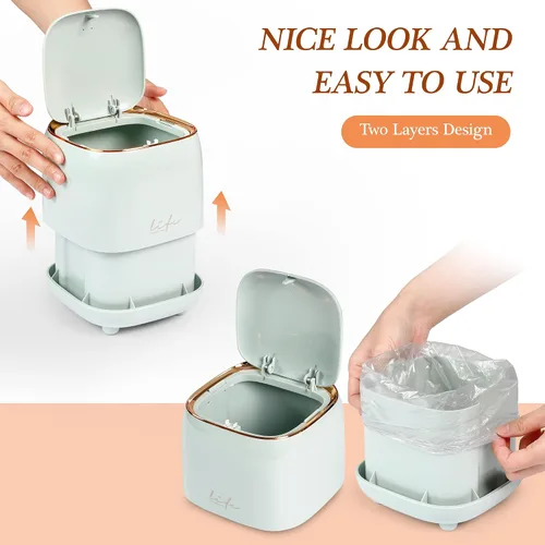 Vista 6 de Mini cubo de basura de encimera con 10 rollos de bolsas de basura, cubo de basura con tapa de presión, cubo de basura de escritorio aplicable
