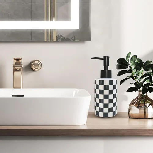 Vista 4 de Dispensador de jabón de baño con bomba negra mate, dispensador de jabón de cerámica blanca para cocina, patrón de cuadros, botella de bomba vacía