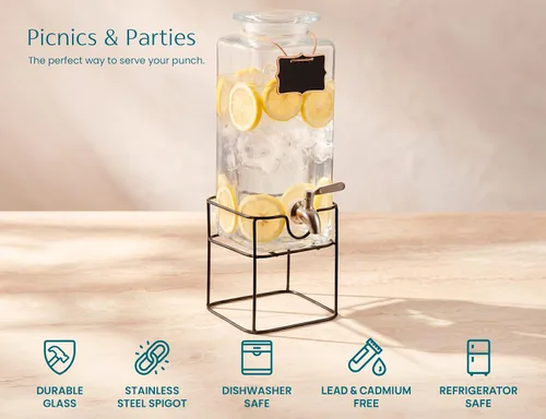 Vista 5 de Kook Glass Drink Dispenser, with Stand, 1 Gallon, Serves 15 Cups, Leak-Proof Stainless Steel Spigot, Beverage Storage for Fridge, for Water, Iced