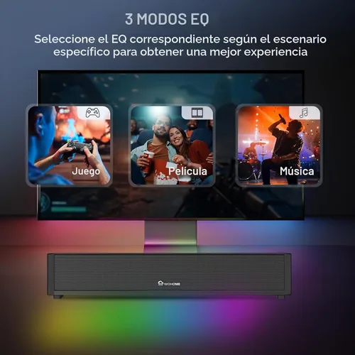 Vista 4 de Altavoces de computadora 2.1 para PC de escritorio, barra de sonido de computadora Bluetooth 5.3 con sonido de alta fidelidad, 7 modos de luz RGB