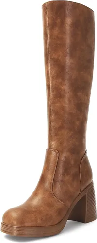 Vista 10 de SOVANYOU Botas de cuero negro Botines de plataforma para mujer Botas de tacón cuadrado con plataforma Botas de tacón grueso con punta cuadrada Botas