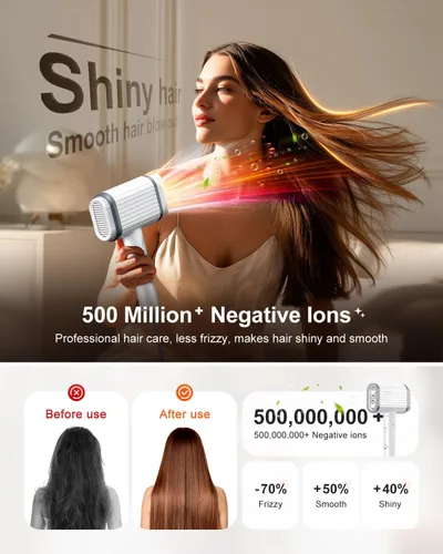 Vista 4 de Tqcir Secador de pelo, 220,000 rpm, motor sin escobillas, doble velocidad sin escobillas, secado rápido 6X, 500 millones de secadores de pelo