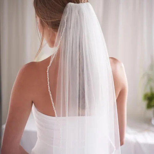 Vista 6 de 1 nivel perla de cristal con cuentas borde nupcial velo de boda longitud de la yema