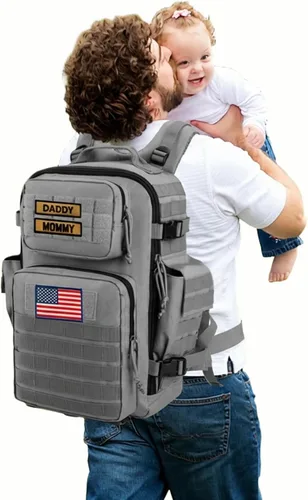 Vista 9 de SHARKMOUTH - Bolsa de pañales para papá para hombre, mochila militar para bebé con parches para senderismo, viajes, viajes de campamento, regalos