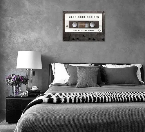 Vista 8 de Lienzo inspirador para la oficina, cuadro vintage de cinta de cassett, impresiones "Make Good Choices Life Has No Rewind", arte inspirador