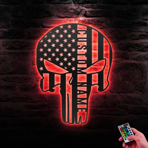 Vista 5 de Letrero de nombre personalizado con luz LED, 16 colores, diseño de calavera de castigador estadounidense, arte de pared de metal americano, luz LED