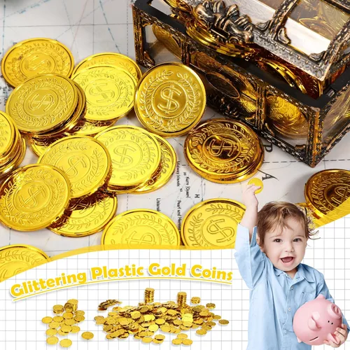 Vista 4 de Hanaive 600 monedas de oro pirata, monedas de juguete de tesoro de plástico, monedas falsas de San Patricio, doblón para regalos de fiesta pirata